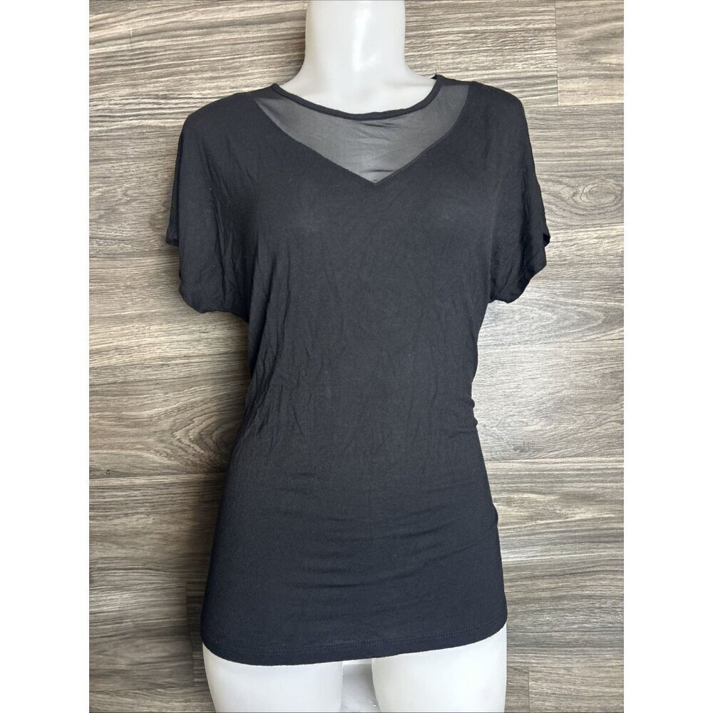 Tahari Sheer Stretchy Top Black Short Sleeve Mesh Neckline Rayon Spandex Women S